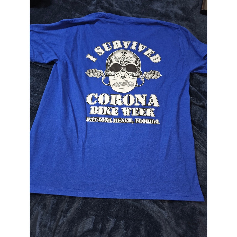 Gildan Mens Large I Survived Corona Bike Week 2020 Daytona Beach Blue T-Shirt